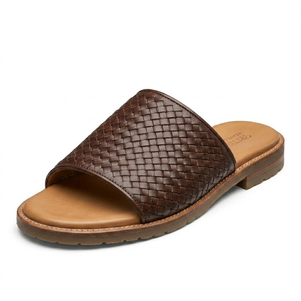 Premium Woven Leather Slide Sandals – Dark Espresso